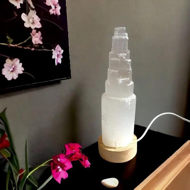 Selenite Crystal USB LED Lamp with Wooden Base Handmade White Crystal Tower white Light lamp for Home Decoration, Meditation, Yoga & Gifting