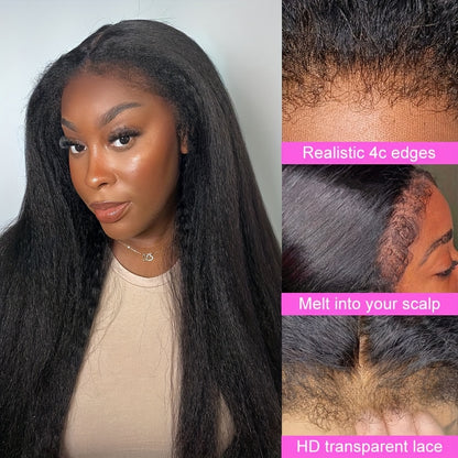 4C Kinky Edges 13X4 Transparent Lace Front Yaki Straight Wig Human Hair Realistic Natural Hairline with Curly Baby Hair Pre Cut Lace Wigs for Women