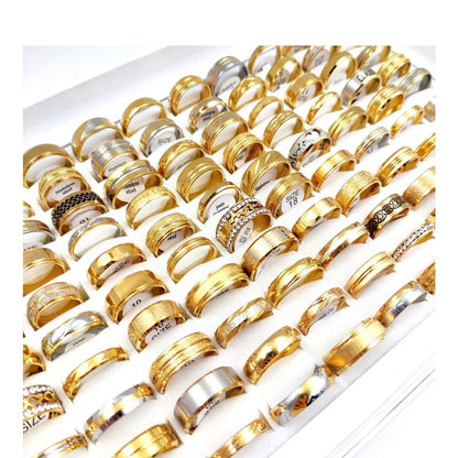 12pcs/Lot Trendy Golden Colour Stainless Steel Rings for Men And Women Wholesale Mixed Exquisite Ring Charm Anniversary Finger Ring Jewelry Gift