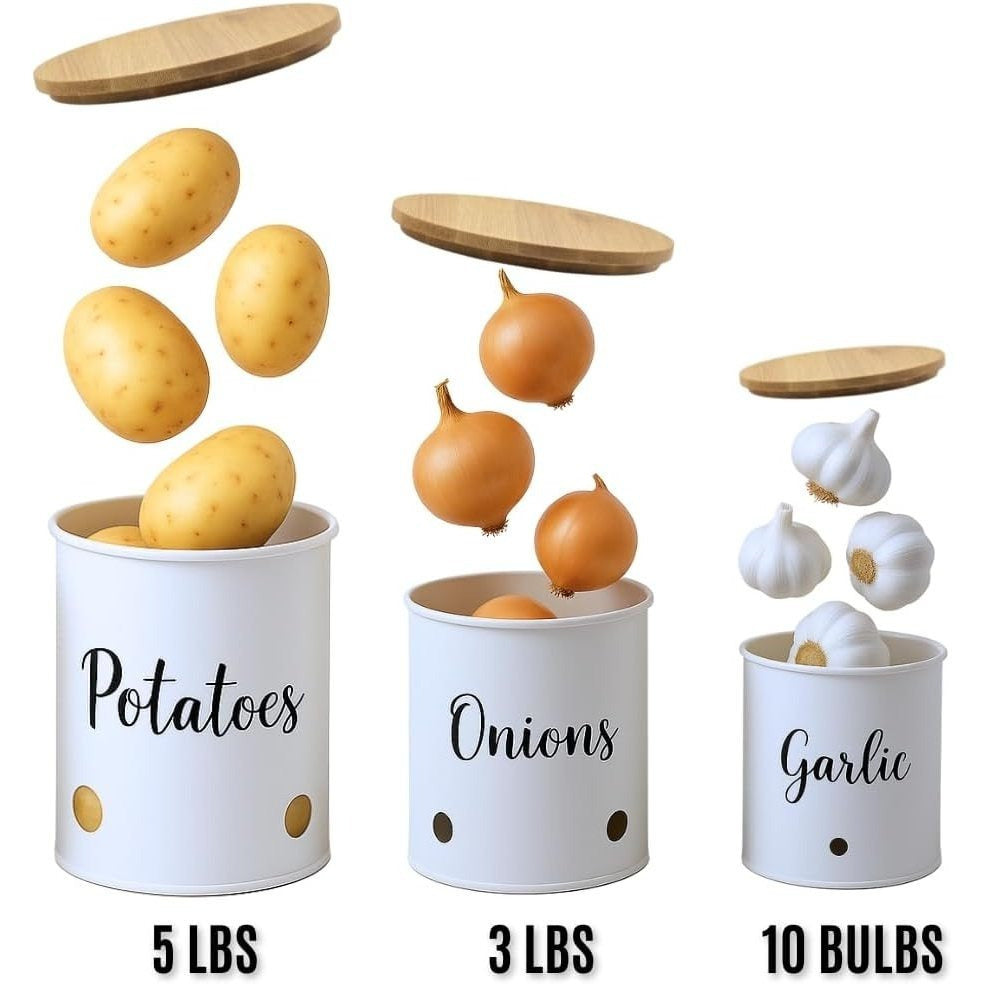 Trendi 3-Pack Stackable Vegetable Storage Tins – White Round Metal Canisters for Potato, Onion & Garlic – Kitchen Pantry Jars with Lids & Air Vents