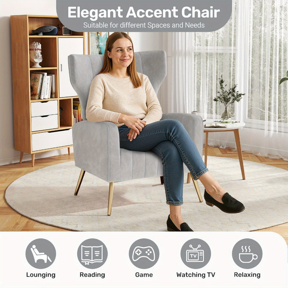 Velvet Armchair Wing Chair with Cushion & Pillow | Golden Metal Legs Padded Ergonomic Seat | Lounge Reading Reception Chair | Grey Beige Black | Living Room Bedroom Office