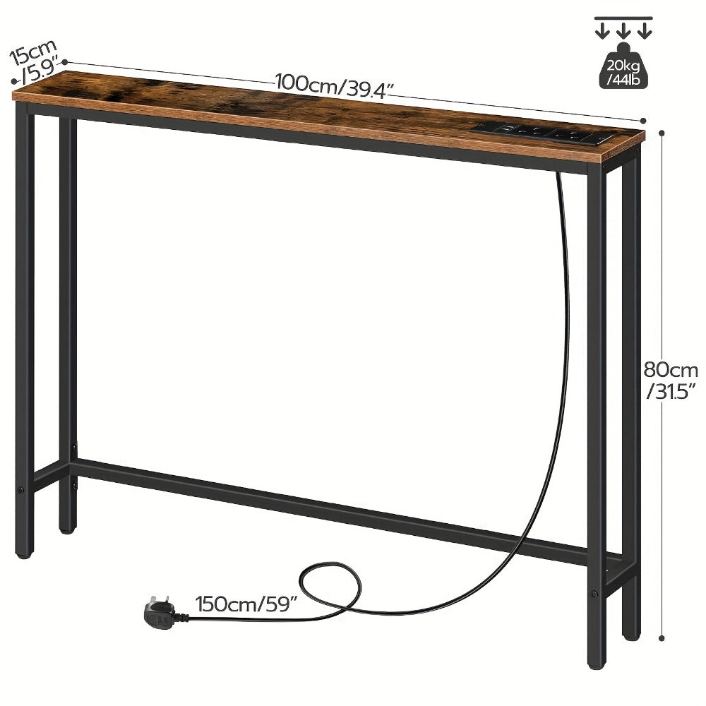 Console Table with Charging Station 100cm – Compact Narrow Hallway Table with USB Ports & Power Outlets, Slim Entryway Sofa Side Table for Small Spaces, Living Room & Bedroom, Rustic Brown