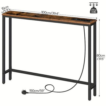 Console Table with Charging Station 100cm – Compact Narrow Hallway Table with USB Ports & Power Outlets, Slim Entryway Sofa Side Table for Small Spaces, Living Room & Bedroom, Rustic Brown