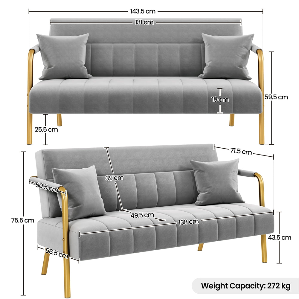 Costoffs Sofa Couch Modern Velvet Sofa Couch, 143cm Small Loveseat with Gold-tone Metal Arms & Legs, Upholstered Design, Includes 2 Pillows, Ideal for Bedroom, Home Office, Studio, Small Spaces, Light Grey/Green/Beige/Black/Pink