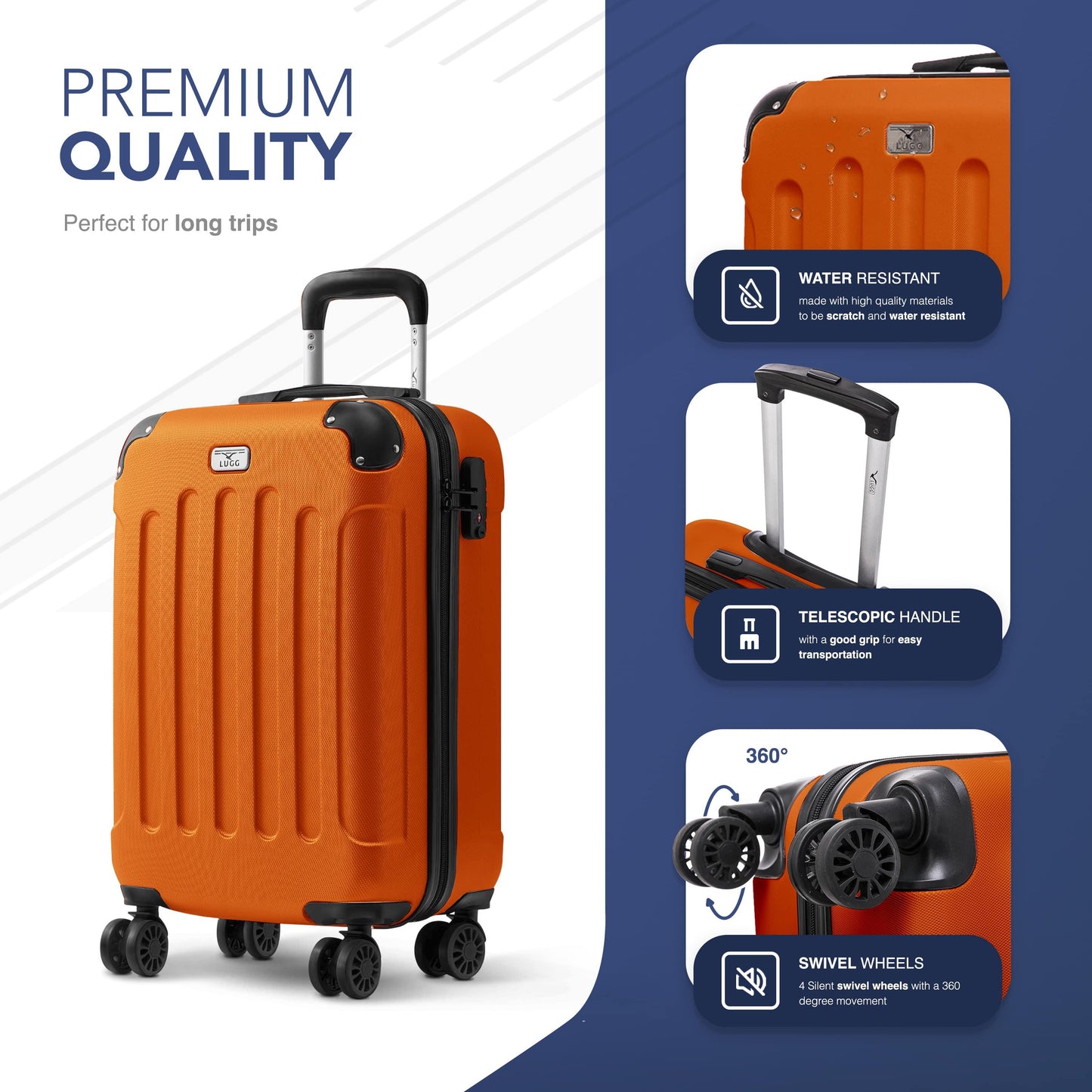 LUGG 55x35x23cm Skywander Lightweight Travel Cabin Bag Carry On Approved Suitcase ABS Shell Protection Water Resistant & Safe Locking System Easyjet Overhead Compliant (20inch)
