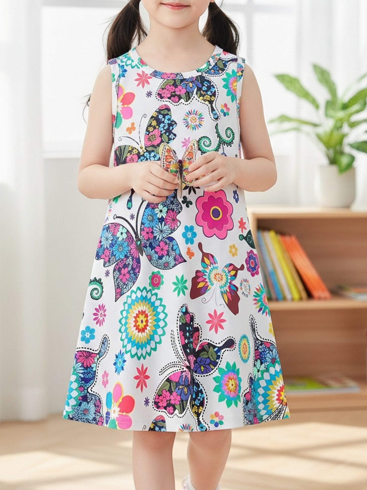 Girls' Summer Vibrant Cute Butterfly Flower Print Round Neck Sleeveless Dress for Vacation, Picnic, Casual Attire