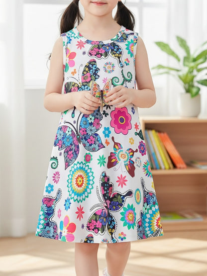 Girls' Summer Vibrant Cute Butterfly Flower Print Round Neck Sleeveless Dress for Vacation, Picnic, Casual Attire