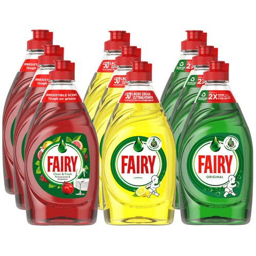 Fairy Washing Up Liquid Mixed Selection - Pack of 9x 320ml (3 Each) - Lemon, Original, Pomegranate & Grapefruit - Household