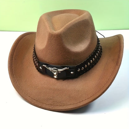 Stylish Western Cowboy Hat with Buckle Bull Head Design Wide Brim Fedora for Women Men