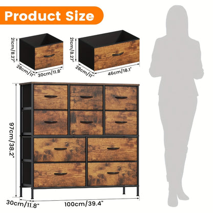 10-Drawer Dresser with Metal Frame & Fabric Drawers – MDF Top, Adjustable Legs & Anti-Tip Safety for Bedroom, Closet, Living Room & Office