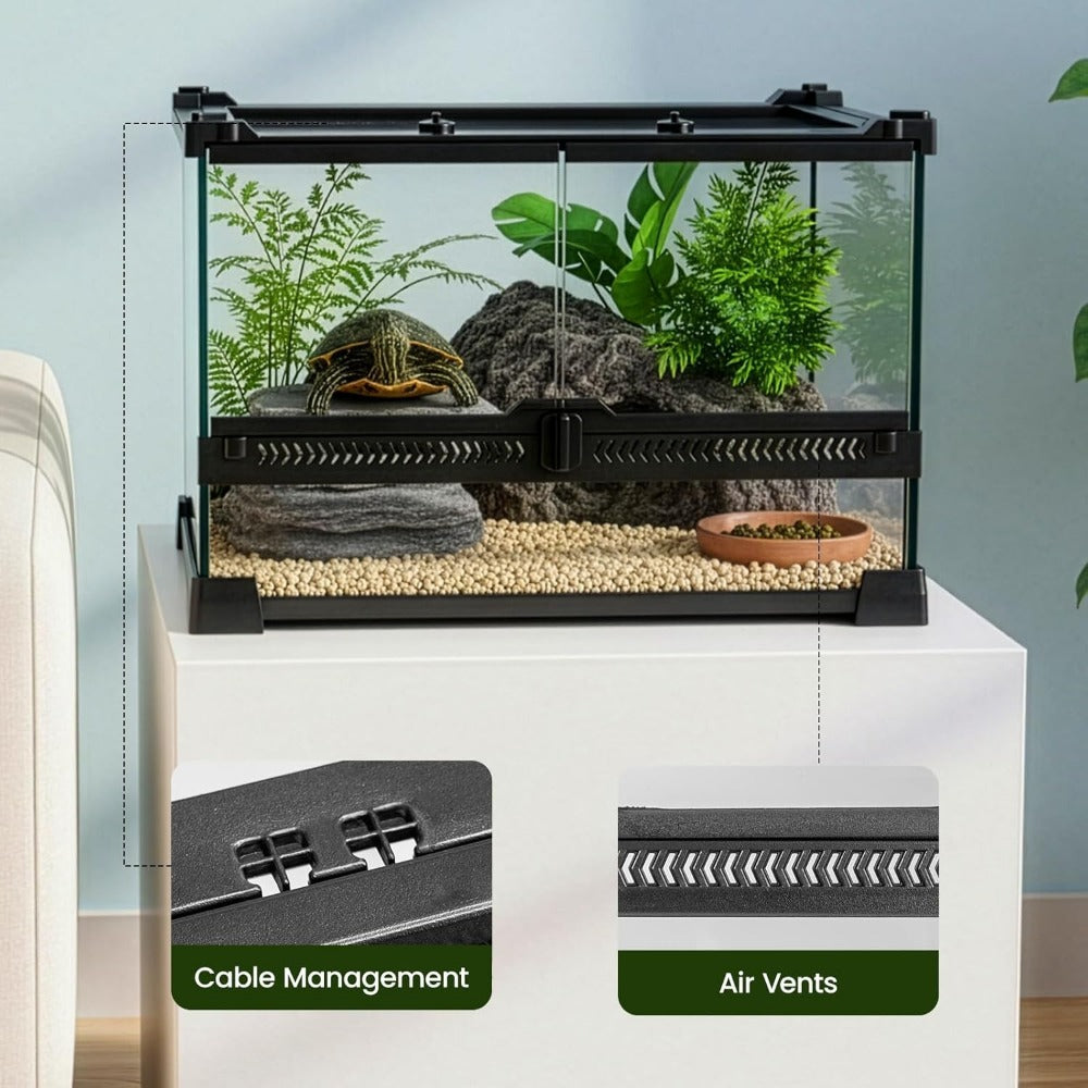 Glass Reptile Terrarium Vivarium Tank – Ventilated Habitat for Lizards, Frogs, Snakes & Spiders, Horizontal & Vertical, Leakproof Base