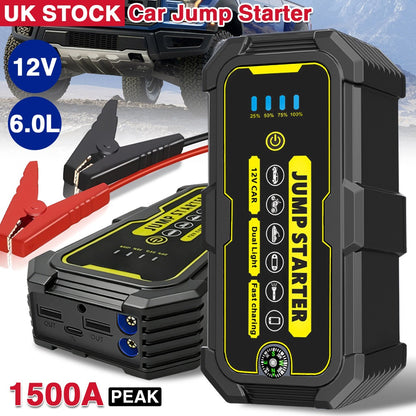 Portable Jump Starter 1500A Peak 12V, Car Battery Booster for 6.0L Petrol & 4.0L Diesel Engines with LCD Display, USB-C Quick Charge & 3-Mode LED Flashlight – Lithium Jump Pack for UK Drivers