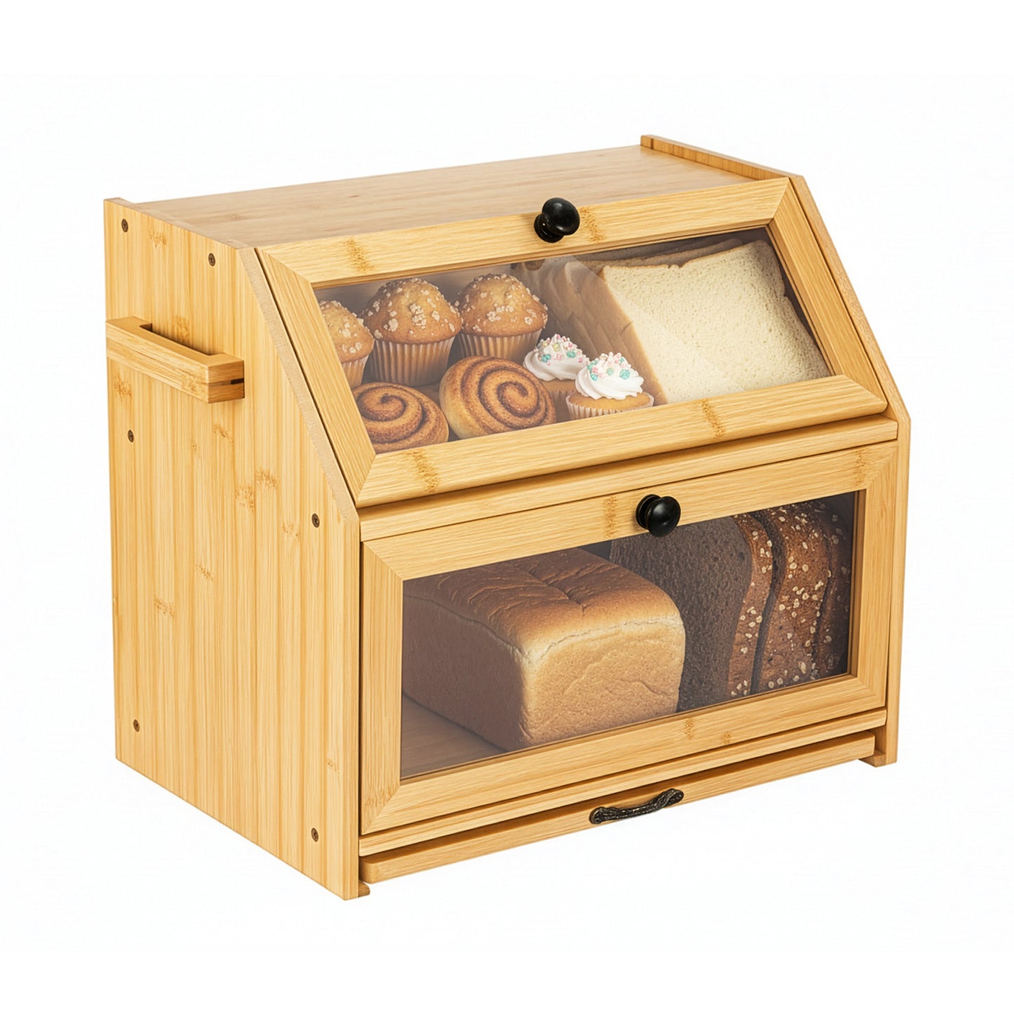 Double Layer Bread Box for Kitchen Counter, 2 Decker Large Wooden Bread Bin, Corner Bread Storage Container with Acrylic Windows, Dry Food Container with Air Vents to Keep Fresh, Self Assembly