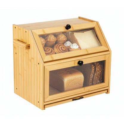 Double Layer Bread Box for Kitchen Counter, 2 Decker Large Wooden Bread Bin, Corner Bread Storage Container with Acrylic Windows, Dry Food Container with Air Vents to Keep Fresh, Self Assembly