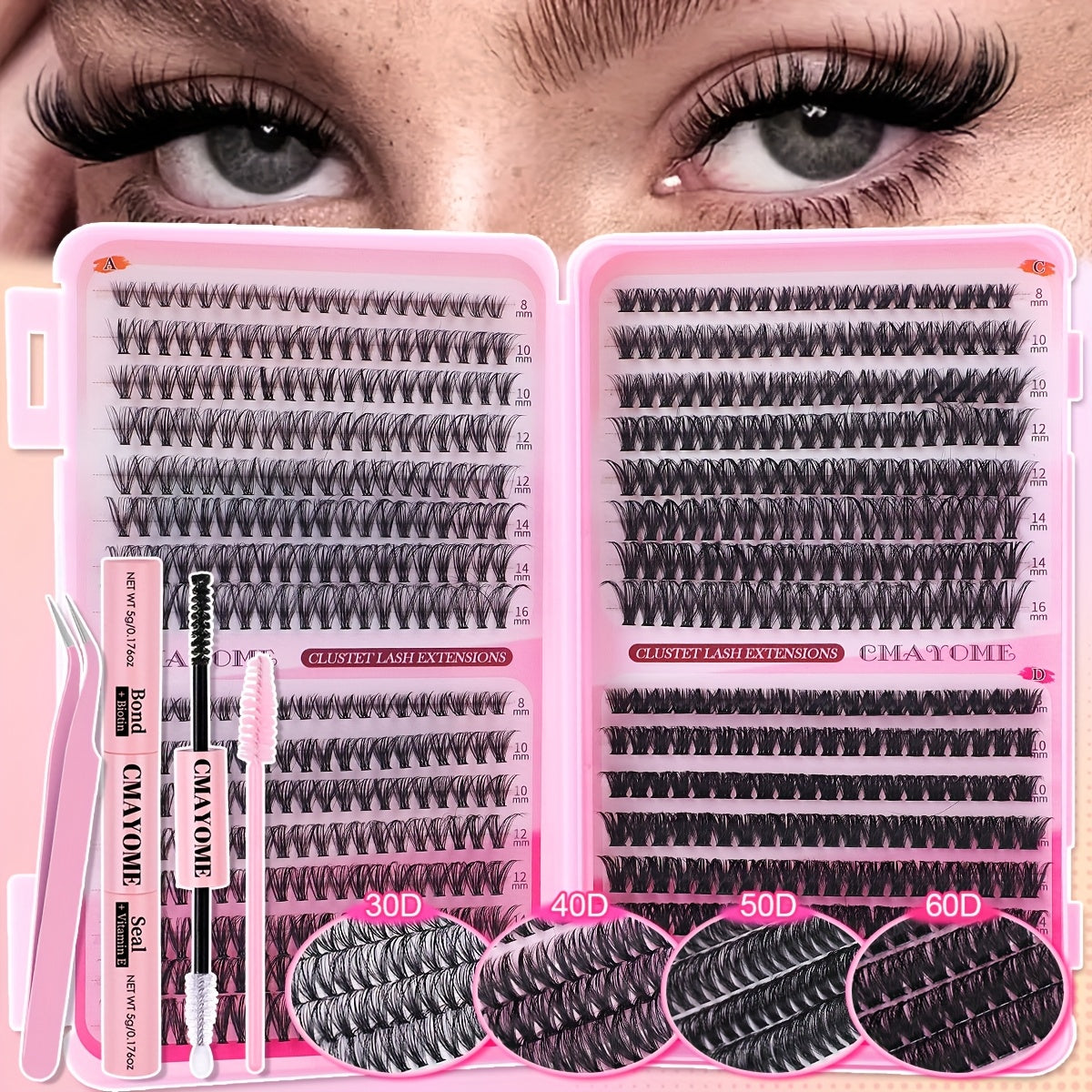640pcs Lash Clusters - Thick Volume Lash Extension Kit - High-Capacity DIY Individual Lashes with Wispy Lash Bond, Glue Tweezer, and Brush for At-Home Eyelash Extensions