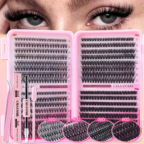 640pcs Lash Clusters - Thick Volume Lash Extension Kit - High-Capacity DIY Individual Lashes with Wispy Lash Bond, Glue Tweezer, and Brush for At-Home Eyelash Extensions