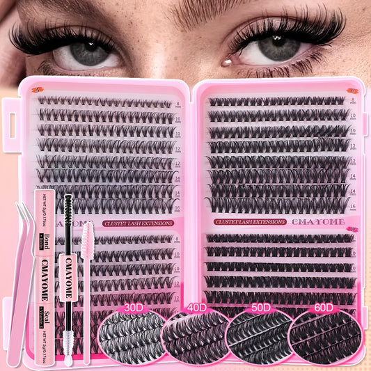 640pcs Lash Clusters - Thick Volume Lash Extension Kit - High-Capacity DIY Individual Lashes with Wispy Lash Bond, Glue Tweezer, and Brush for At-Home Eyelash Extensions
