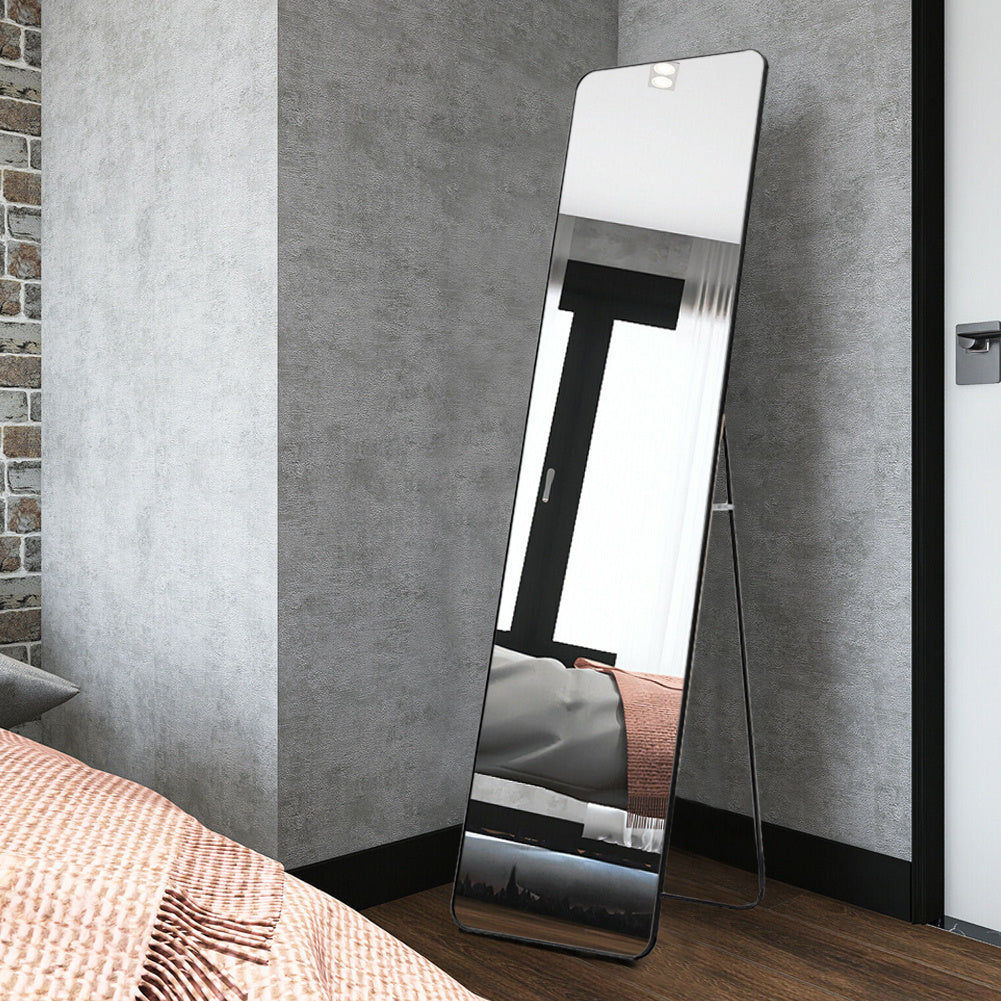 Full Length Mirror 147x37cm Aluminium Alloy Standing/Wall Rectangular Floor Mirror for Bedroom, Hallway & Dressing Room Lean, Hang or Mount (Black)