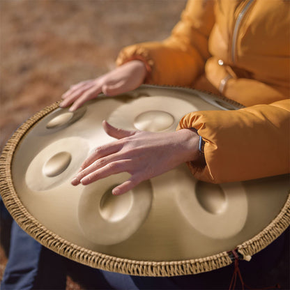 440Hz D minor Stainless Steel Handpan Drum or Sound Healing and Meditation 9-Tone Deep Golden with Carry Bag, Stand, 2 Hand Mallets, Music Note Stickers, Wiping Cloth