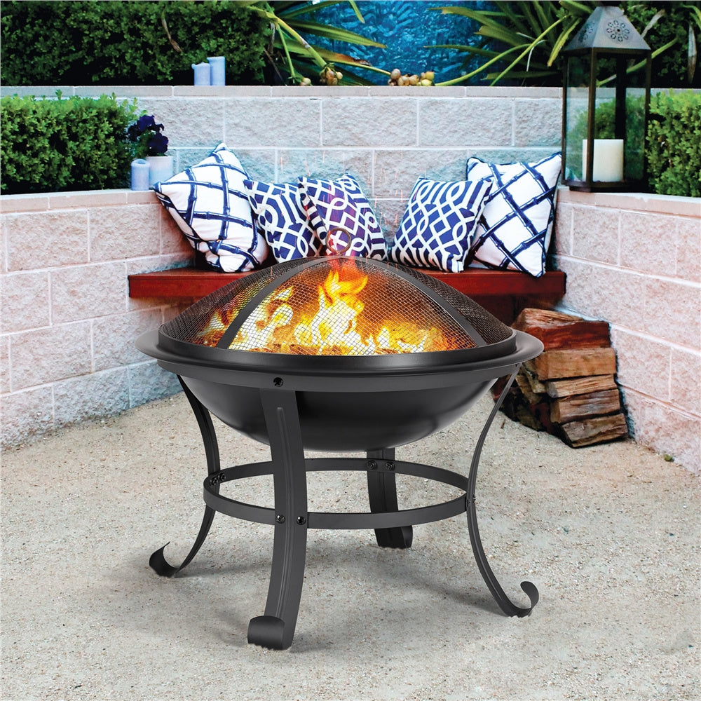 Costoffs Fire Pit, Outdoor Fire Pit Round Steel Fire Bowl for Camping, Hiking and Beach Parties, Patio Fire Pit with Mesh Screen Cover Fire Poker Log Grate for Yards, Porches, Patio, Stores, Patio BBQ Camping Bonfire, Black