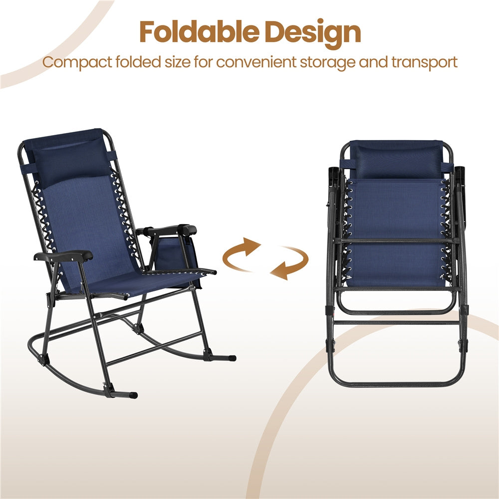 Costoffs Patio Chair Foldable Rocking Chair, Outdoor Lounge Chair with Headrest Pillow for Outdoor Use Only, Napping or Sunbathing, Black/Beige/Navy Blue Outdoor Use Only