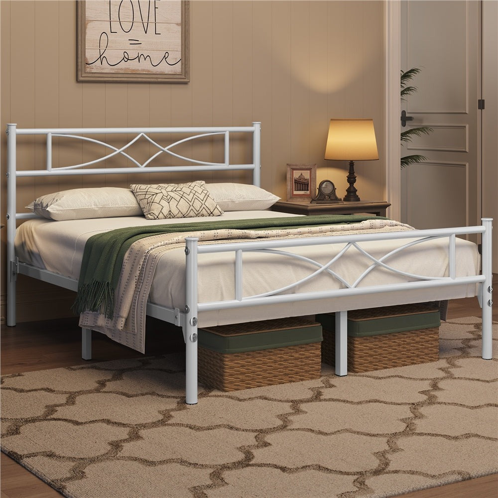 Curved Headboard Metal Bed Frame Platform Bed Vintage Style Built-in Steel Slats 32cm Underbed Storage No Box Spring Needed Single Double King Black White