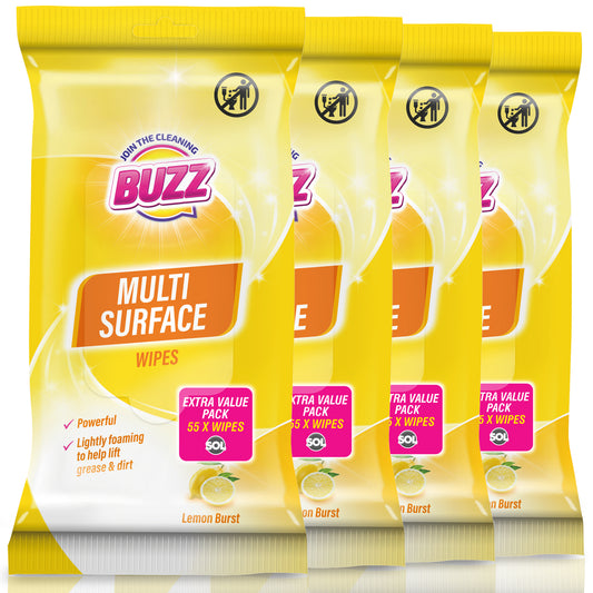 Buzz 220 Pack Multi-Surface Cleaning Wipes – Lemon Scent | 4 × 55 Packs Household Multipurpose Wipes for Kitchen, Bathroom & Floor | Quick & Easy Spill Cleanup | Durable All-Purpose Wipes for Everyday Messes | Fresh Smelling Home & Office Cleaning Solutio