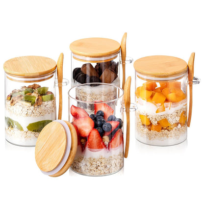 Overnight Oatmeal Container with Lid, 4pcs 17oz Overnight Oatmeal Jar (with Scoop), Salad Meal Prep Jar with Bamboo Lid (for Chia Seed Pudding Salad Cereal Coffee Powder), Sourdough Fermenter for Bread