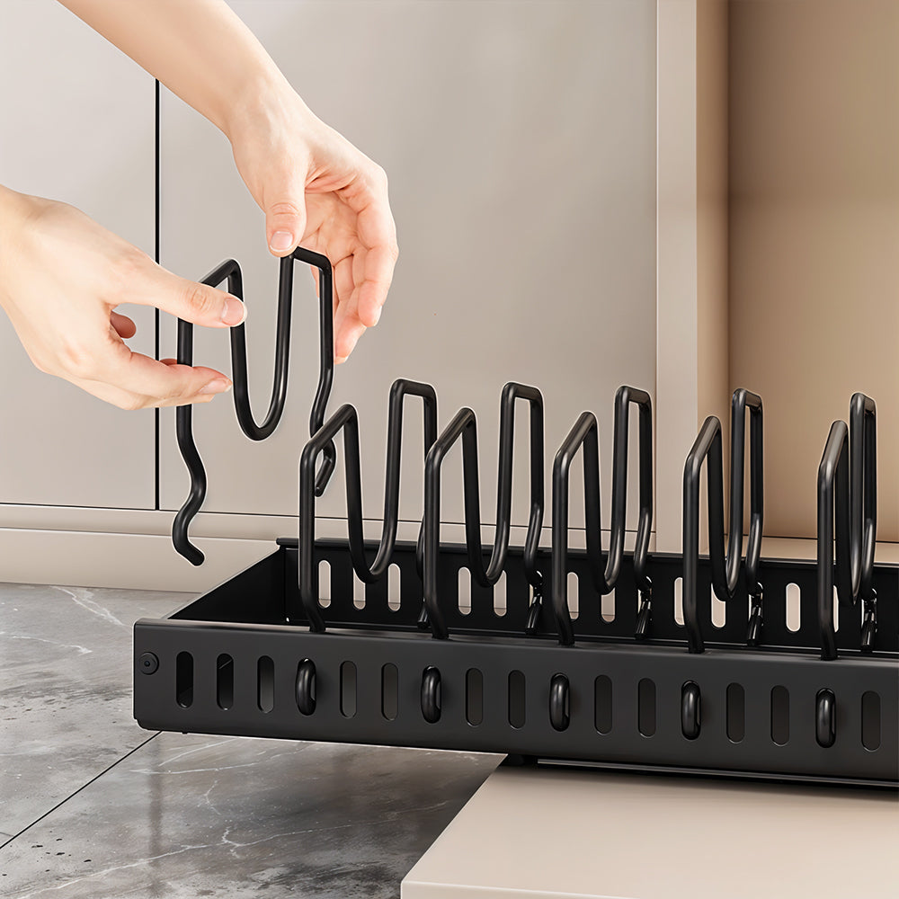 Pull-Out Commercial Utensil Rack, Cabinet Pot Lid Rack, Metal Carbon Steel Pot Lid Organizer, Dish Drying Rack, Pots and Pans Shelf with 8 Dividers/10 Dividers, Cutting Board Pot Storage Rack, Black