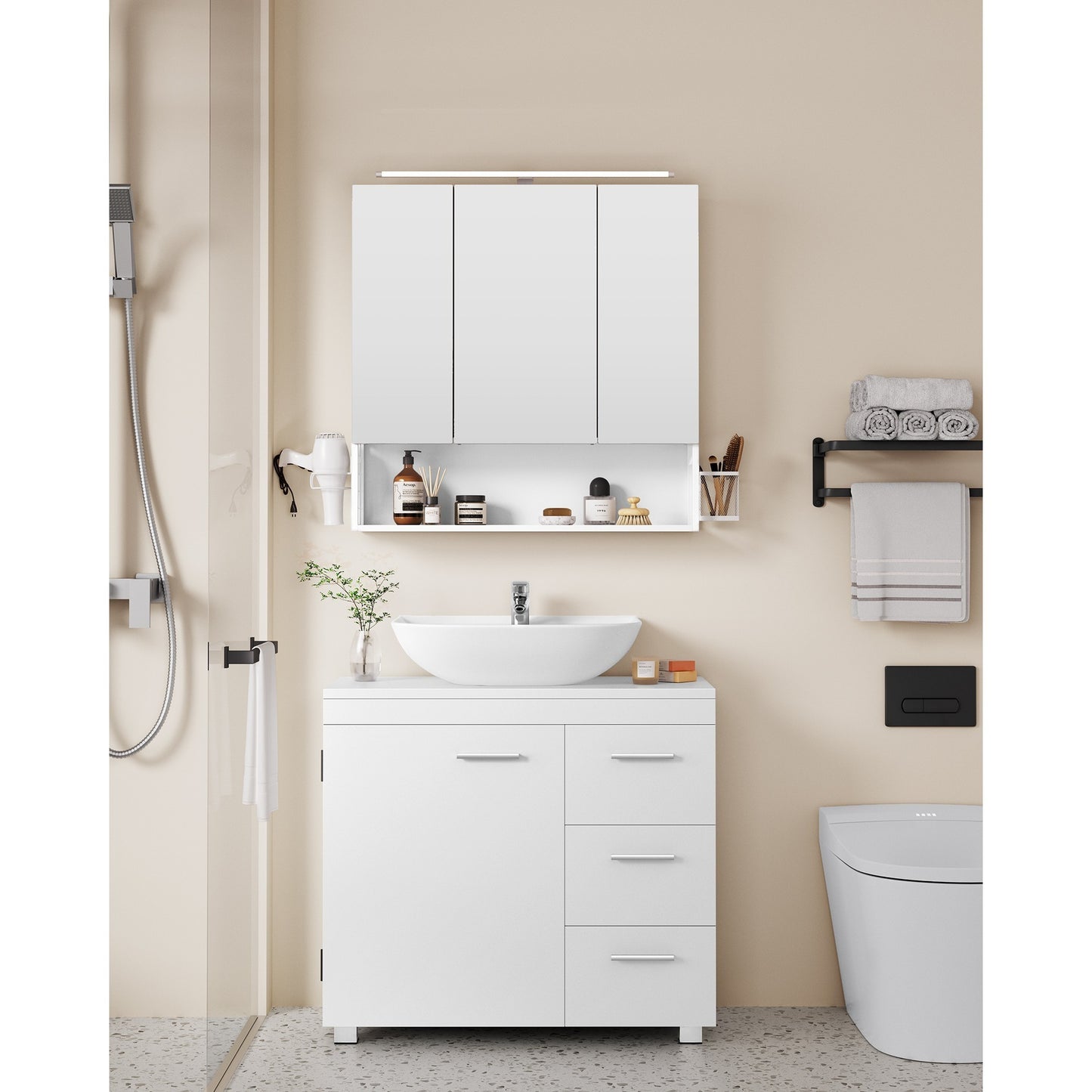 Under Sink Bathroom Cabinet, Storage Cabinet, with 3 Drawers, for Washbasins with Pedestal, 30 x 70 x 64 cm，Cloud White and Natural Beige