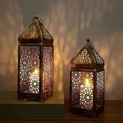 2-Pack Moroccan Style Iron Candle Lantern Holder - Intricate Cut-Out Patterns, Tabletop or Hanging Decor for Wedding, Dining Table, Courtyard, Rustic Elegance with Bakelite Finish (Candles Not Included)