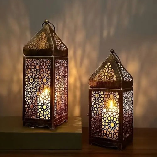 2-Pack Moroccan Style Iron Candle Lantern Holder - Intricate Cut-Out Patterns, Tabletop or Hanging Decor for Wedding, Dining Table, Courtyard, Rustic Elegance with Bakelite Finish (Candles Not Included)
