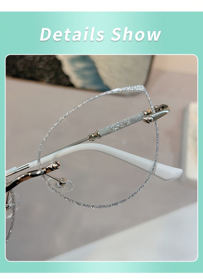 Fashion Cat Eye Frameless Light Sensitive Color Changing Women'S Model with Embedded Sequins Metal Frame Cat Eye Blue Light Transparent Lens Glasses