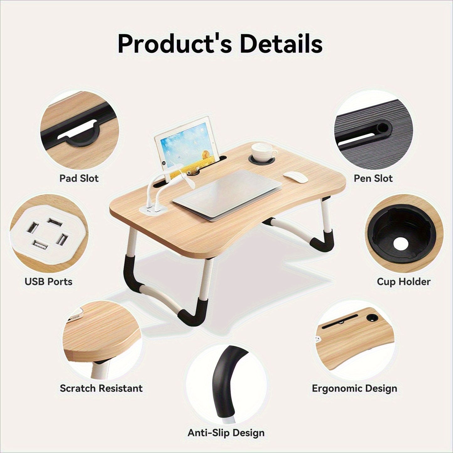 1pc Portable Laptop Desk with Cup Holder & Tablet Slot - Adjustable Bed Tray Table for Work/Eating, Foldable Sofa Desk for Living Room/Bedroom, 23.62×15.75×10.24inch