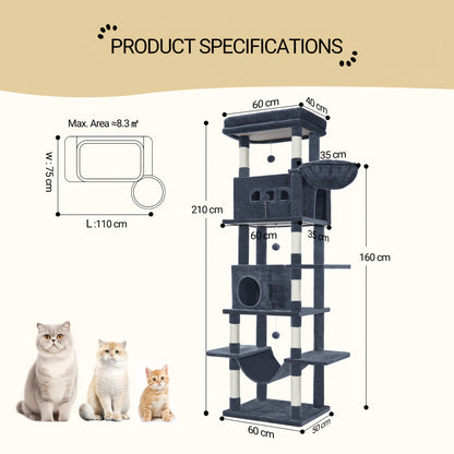 210 Cm Large Cat Scratching Post, Cat Tower For Maine Cats, Large Cats, Multi-Level Scratching Post With Large Perch, Washable Mat, Cat House Furniture With 2 Caves, 8 Scratching Posts, Dark Grey
