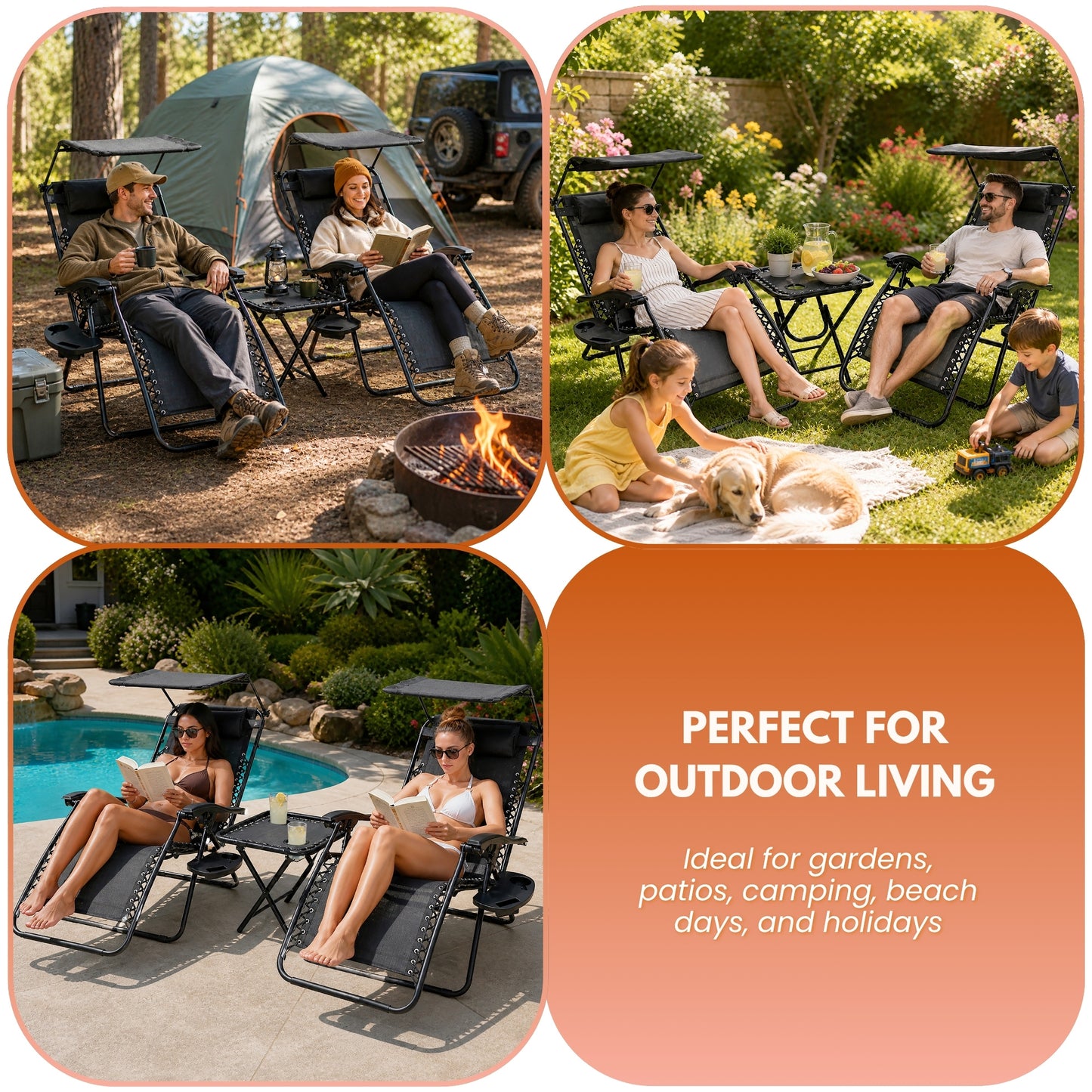 Garden Mile 3pcs Zero Gravity Sun Lounger Set with Table - 2 Folding Reclining Chairs with Canopy Shade, Cup Holder & Phone Tray, Adjustable Headrest, Portable Garden, Patio, Beach Chairs - Black