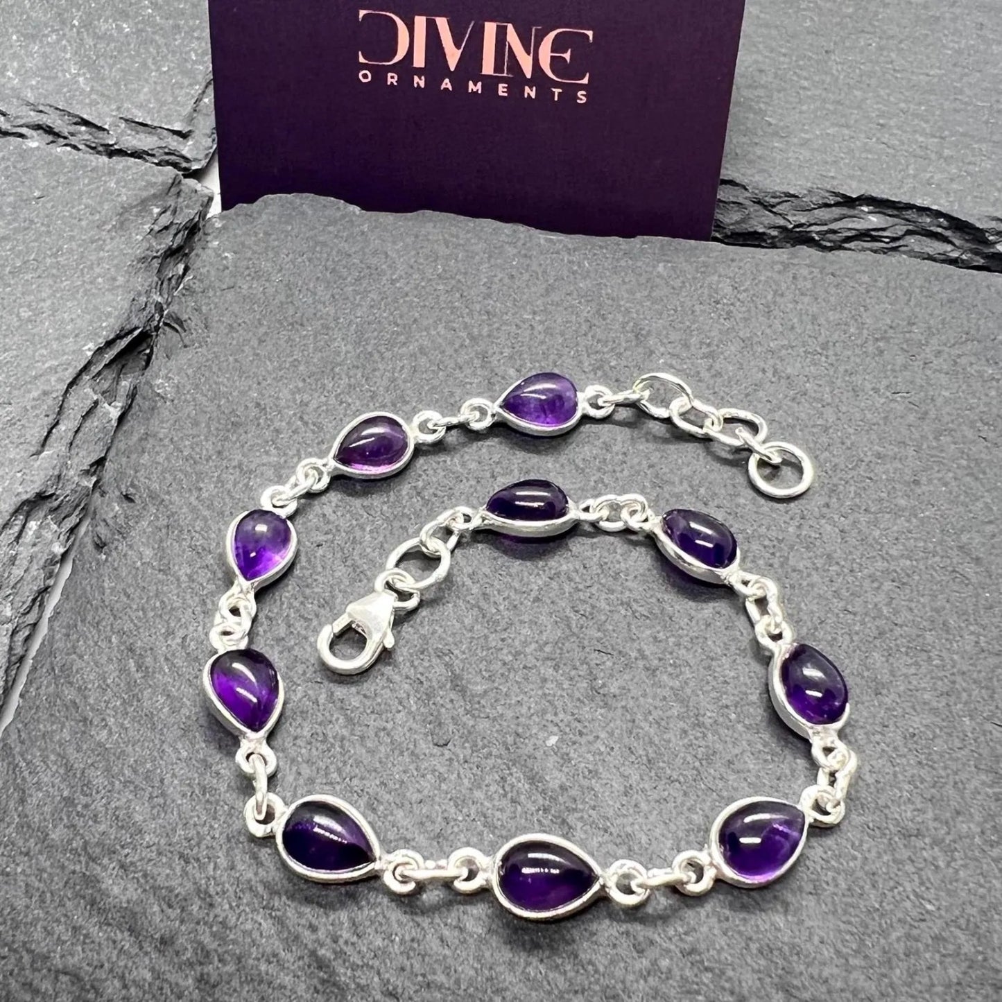 925 Sterling Silver Natural Gemstone Adjustable Bracelet ~ Teardrop Link Bracelet ~ Simple Elegant Jewelry