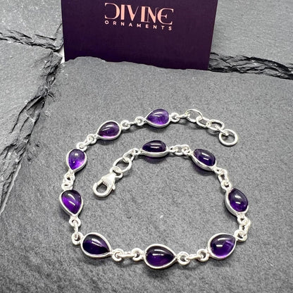 925 Sterling Silver Natural Gemstone Adjustable Bracelet ~ Teardrop Link Bracelet ~ Simple Elegant Jewelry