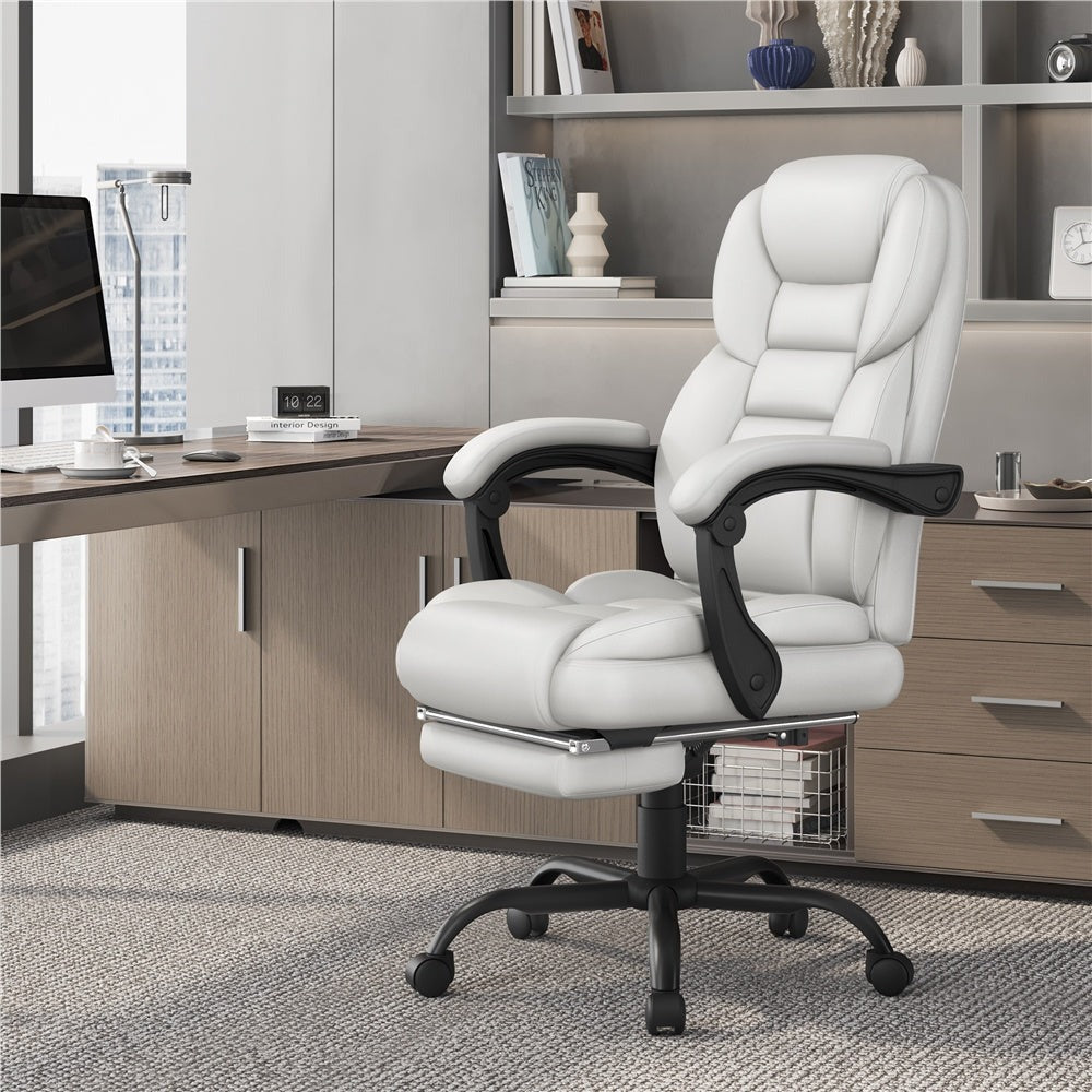 Executive Office Chair PU Leather High Back Recliner with Retractable Footrest, Padded Armrests & Adjustable Height – Costoffs Managerial Computer Chair for Home Office, Study & Conference Room