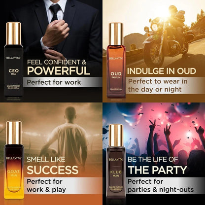 BellaVita Luxury Men's Perfume Gift Set 4x20ml EDP – CEO, Klub, Oud & G.O.A.T. Fragrance Sampler, Woody Citrus Oud Cologne for Men, Perfect Christmas Birthday Gift for Him
