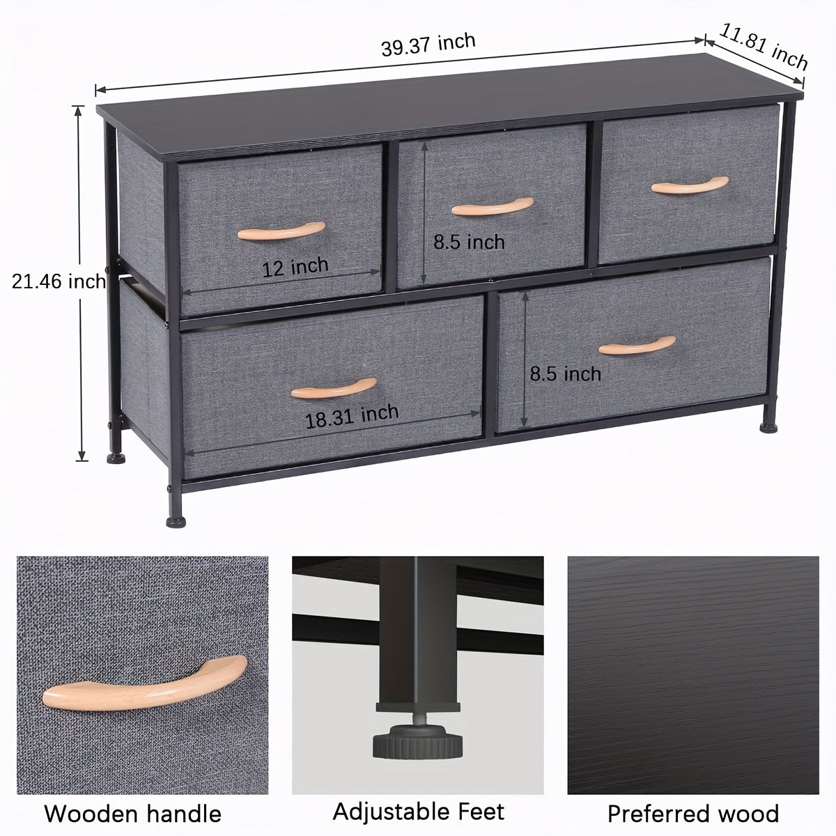 Chic Dark Gray 5-Drawer Storage Cabinet with Wood Panels & Metal Frame - Perfect for Bedroom & Living Room Organization, Storage Drawer Units