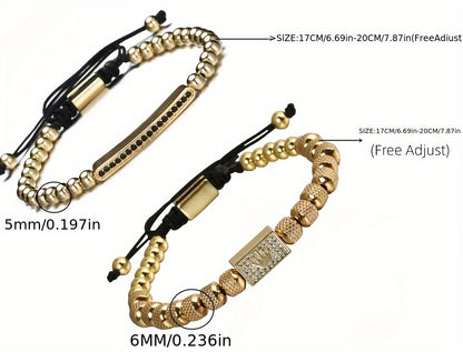 2pcs/Set Charming Bracelet Men'S 6Mm Mesh Bead Bracelet Bead Matching Square Micro-Pave Crown Men'S Bracelet Set