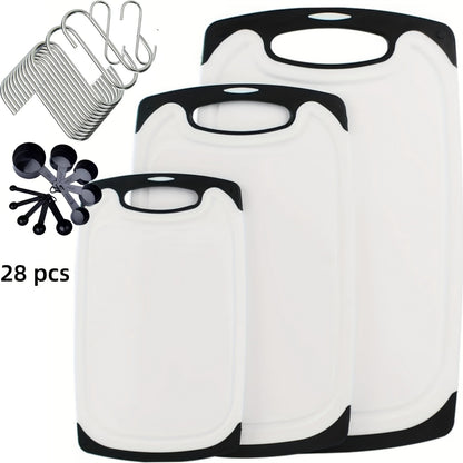 3-piece/13-piece/18-piece/28-piece Cutting Board Set (includes 15 S-shaped hooks, 10 measuring cups, and 10 measuring spoons), Kitchen Plastic Cutting Board, Non-slip Cutting Board with Handle, Juicing Groove and Grinding Groove, Suitable for Meat