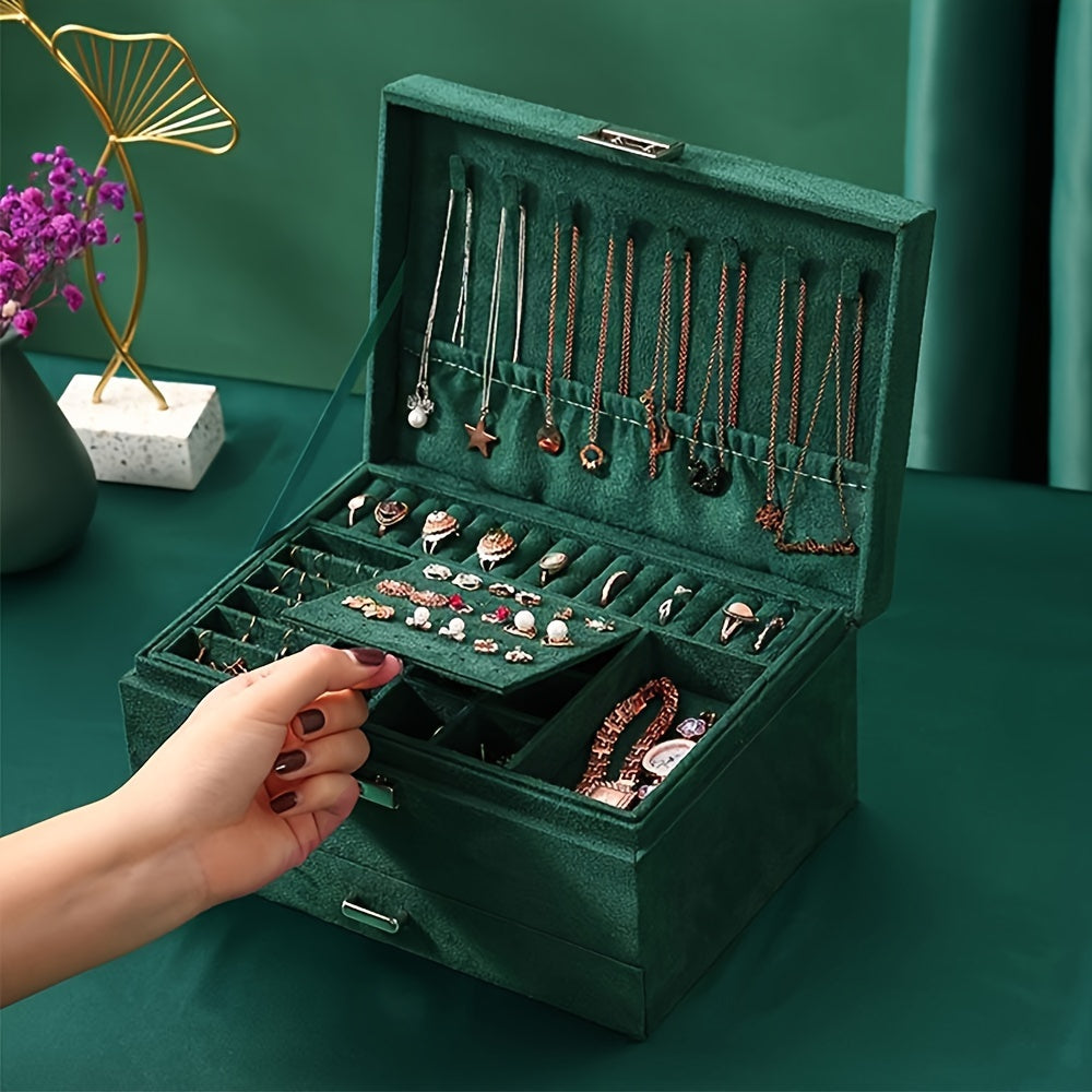 1 Deep Green Luxury Jewelry Storage Box for s, High-End Three-Tier Drawer Jewelry Organizer with Large Capacity, Ideal Gift Choice for Necklaces, Earrings, Rings, and Bracelets