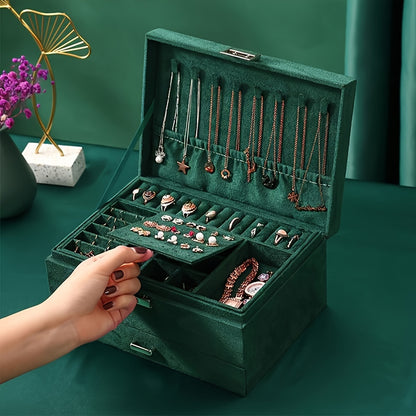 1 Deep Green Luxury Jewelry Storage Box for s, High-End Three-Tier Drawer Jewelry Organizer with Large Capacity, Ideal Gift Choice for Necklaces, Earrings, Rings, and Bracelets