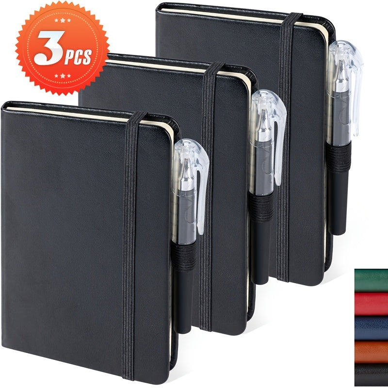 A6 Pocket Notebook Mini Small Journal Pen, Pages 100GSM with 14.5cm, Leather - 3PCS-Black option