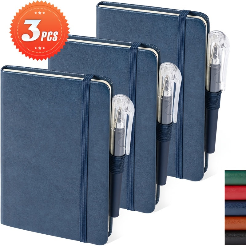 A6 Pocket Notebook Mini Small Journal Pen, Pages 100GSM with 14.5cm, Leather - 3PCS-Blue option