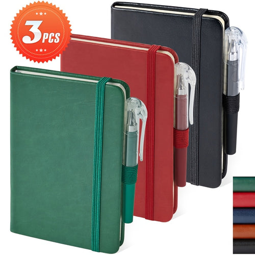 A6 Pocket Notebook Mini Small Journal Pen, Pages 100GSM with 14.5cm, Leather - 3PCS-Green Red Black option