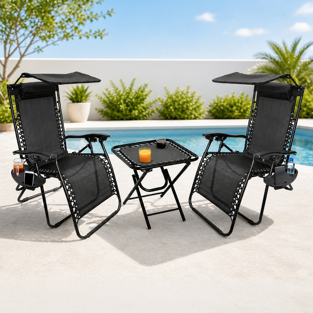 Zero Gravity Sun Lounger Set 3 Piece with Folding Table Canopy Shade Cup Holder Reclining Garden Patio Beach Chairs Breathable Mesh Black