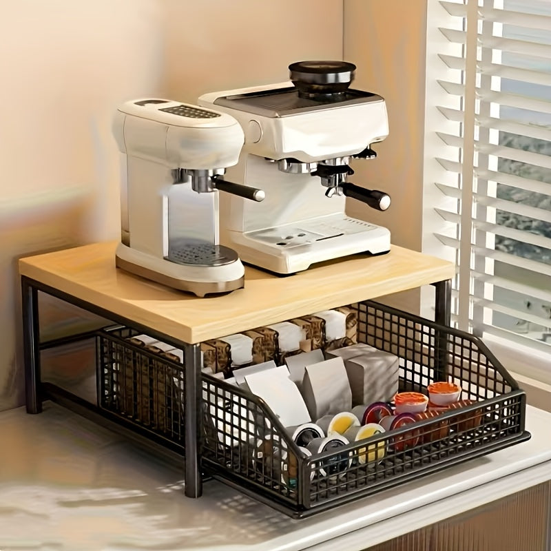 Space-Saving Kitchen Countertop Organizer with Drawers And Metal Baskets - Sturdy Hardwood And Metal Two-Tier Storage Rack, Suitable for Coffee Machines, Tableware, Spices - Modern Black/White Design, No Power Required, Durable Home